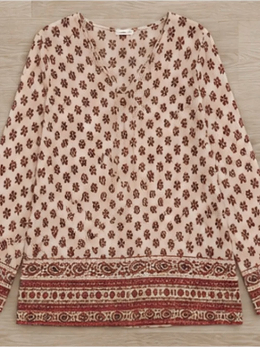 Boho Tassel V-Neck Long Sleeve Blouse in Cream and Burgundy - Picture 2 of 5